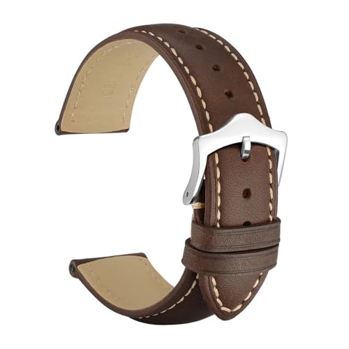 MILNBJK Jeniko Echtes Leder-Uhrenarmband, 16 mm, 18 mm, 19 mm, 20 mm, 21 mm, 22 mm, 23 mm, 24 mm, Ersatzbänder for Männer und Frauen (Color : Dark Brown-Silver-B, Size : 24mm) von MILNBJK