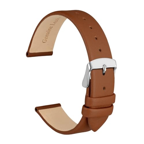 MILNBJK Jeniko Echtes Leder-Uhrenarmband, 8 Mm, 10 Mm, 12 Mm, 14 Mm, 16 Mm, 18 Mm, 20 Mm, Armband For Damen, Edelstahl-Schnalle, Ersatzarmband (Color : Gold Brown-Silver, Size : 16mm) von MILNBJK