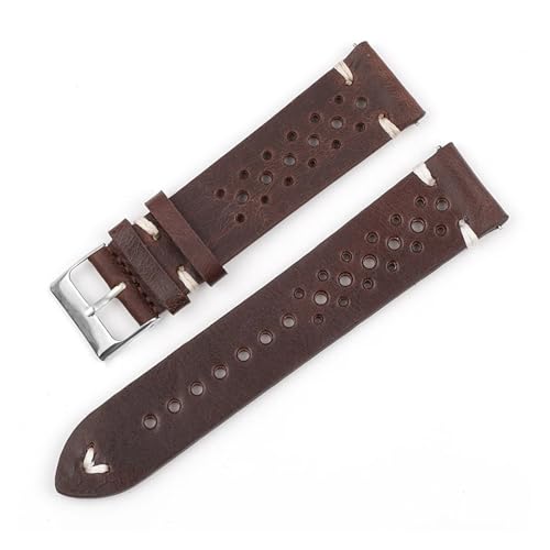 MILNBJK Jeniko Echtes Leder-Uhrenarmband, Porös, Atmungsaktiv, 18 Mm, 20 Mm, 22 Mm, 24 Mm, Handgefertigte Nähte, Herren-Uhrenarmbänder, Ersatz(Color:Dark brown-wh line,Size:18mm) von MILNBJK