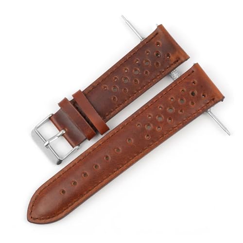 MILNBJK Jeniko Echtes Leder-Uhrenarmband, Porös, Atmungsaktiv, 18 Mm, 20 Mm, 22 Mm, 24 Mm, Handgefertigte Nähte, Herren-Uhrenarmbänder, Ersatz(Color:Red brown,Size:20mm) von MILNBJK