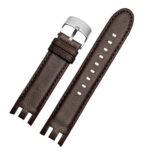 MILNBJK Jeniko Echtes Leder Uhrenarmband For Swatch YRS403 412 402G Uhrenarmband 21mm Armband Herren Gebogenes Ende Uhrenarmband (Color : 02 brown silver, Size : 21mm) von MILNBJK