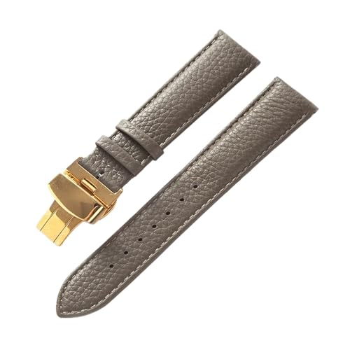 MILNBJK Jeniko Echtes Lederarmband, Weiches Leder, Gekrispeltes Lederarmband For Damen, 14, 16, 18, 20, 22 Mm, Schmetterlingsschnalle, Lederarmband (Color : Elephant Grey Gold, Size : 16mm) von MILNBJK