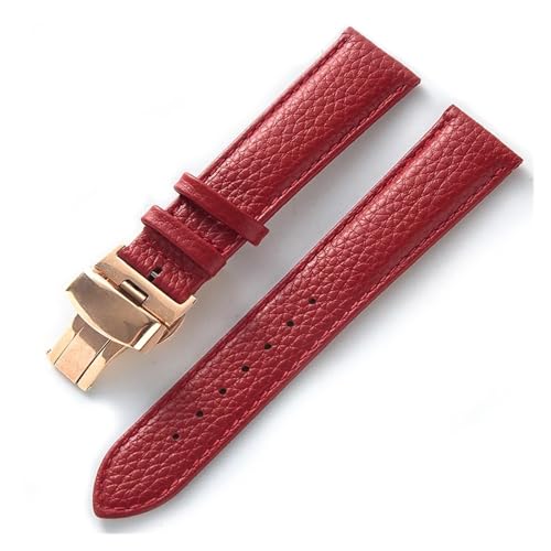 MILNBJK Jeniko Echtes Lederarmband, Weiches Leder, Gekrispeltes Lederarmband For Damen, 14, 16, 18, 20, 22 Mm, Schmetterlingsschnalle, Lederarmband (Color : Red rose buckle, Size : 14mm) von MILNBJK