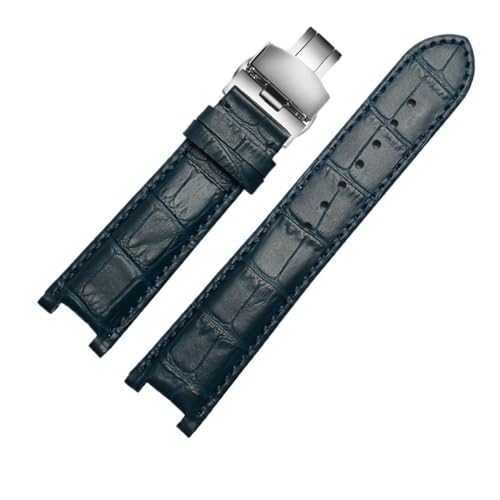 MILNBJK Jeniko Echtes Lederarmband, kompatibel mit GC-Armband 22 x 13 mm, 20 x 11 mm, gekerbtes Armband mit Butterfly-Schnalle aus Edelstahl (Color : Blue silver, Size : 20-11mm) von MILNBJK