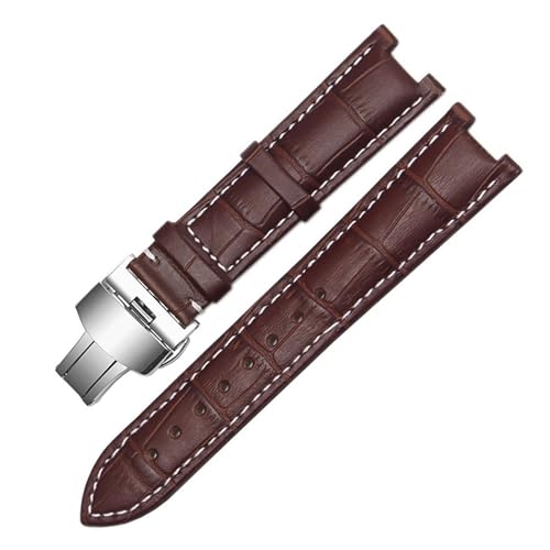 MILNBJK Jeniko Echtes Lederarmband, kompatibel mit GC-Armband 22 x 13 mm, 20 x 11 mm, gekerbtes Armband mit Butterfly-Schnalle aus Edelstahl (Color : Brown white silver, Size : 22-13mm) von MILNBJK