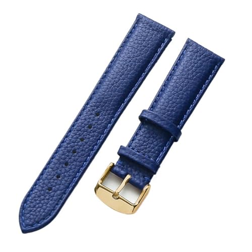 MILNBJK Jeniko Echtes Lederarmband Damen Weiches Leder Lychee Grain Rindsleder Uhrenarmband Herren Wasserdicht 14 16 18 Mm Uhrenkettenzubehör (Color : Blue gold buckle, Size : 19mm) von MILNBJK