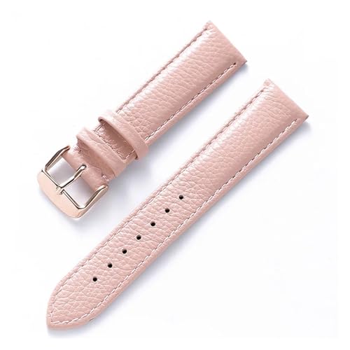 MILNBJK Jeniko Echtes Lederarmband Damen Weiches Leder Lychee Grain Rindsleder Uhrenarmband Herren Wasserdicht 14 16 18 Mm Uhrenkettenzubehör (Color : Pink rose buckle, Size : 14mm) von MILNBJK