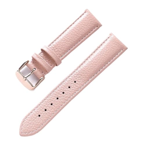 MILNBJK Jeniko Echtes Lederarmband Damen Weiches Leder Lychee Grain Rindsleder Uhrenarmband Herren Wasserdicht 14 16 18 Mm Uhrenkettenzubehör (Color : Pink rose buckle, Size : 15mm) von MILNBJK