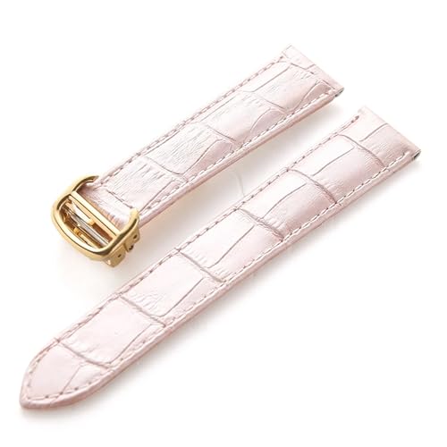 MILNBJK Jeniko Lederarmband Kompatibel Mit Cartier Tank Solo Armband Rindsleder 22 Mm Herren- Und Damen-Uhrenarmband Mit Faltschließe, Zubehör (Color : Pink gold buckle, Size : 15mm) von MILNBJK