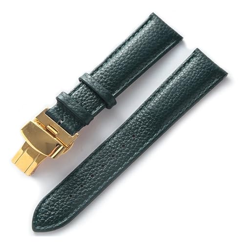 MILNBJK Jeniko Lederarmband Litchi Grain Leder Butterfly-Schnalle 14 16 18 20 22 Mm Armband Schwarz Braun Blau Uhrenzubehör (Color : Dark green gold, Size : 13mm) von MILNBJK