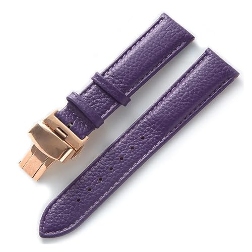 MILNBJK Jeniko Lederarmband Litchi Grain Leder Butterfly-Schnalle 14 16 18 20 22 Mm Armband Schwarz Braun Blau Uhrenzubehör (Color : Purple rose, Size : 13mm) von MILNBJK