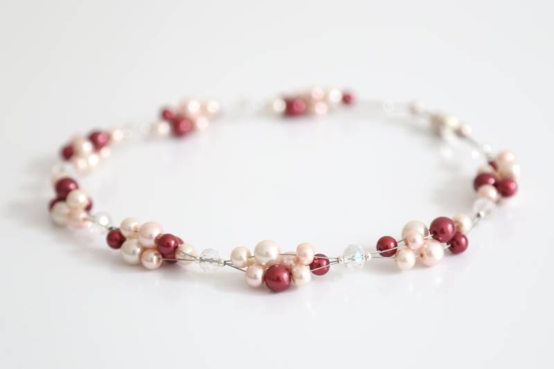 Halskette Weinrot Rosé Weiß Glasperlen Flechtoptik Collier Kette von MILORADschmuck
