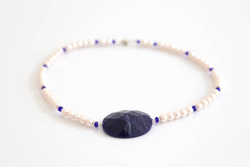 Halskette Weiß Blau Königsblau Rundperlen Collier Kette Halskette Weiß Blau Königsblau Rundperlen Collier Kette von MILORADschmuck