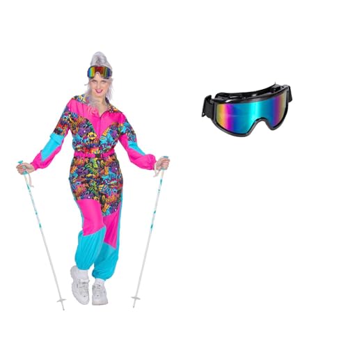 80er Jahre Ski-Anzug Graffiti Damen-Kostüm mit Brille 80's Overall Einteiler Trash Apres Ski, Größe:56 von MIMIKRY