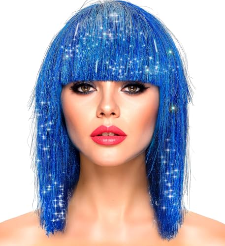 Metallic Damen Perücke Foxy Bob Pagenkopf mit Pony 70er 80er Disco Space-Girl Lametta Science Fiction Weltall Engel, Farbe:Blau von MIMIKRY