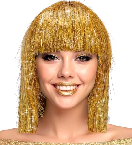 Metallic Damen Perücke Foxy Bob Pagenkopf mit Pony 70er 80er Disco Space-Girl Lametta Science Fiction Weltall Engel, Farbe:Gold von MIMIKRY