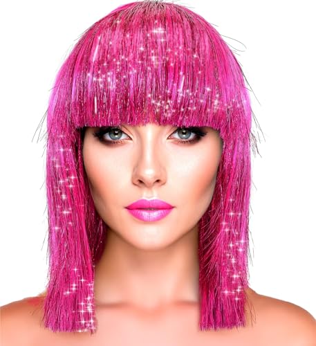Metallic Damen Perücke Foxy Bob Pagenkopf mit Pony 70er 80er Disco Space-Girl Lametta Science Fiction Weltall Engel, Farbe:Pink von MIMIKRY
