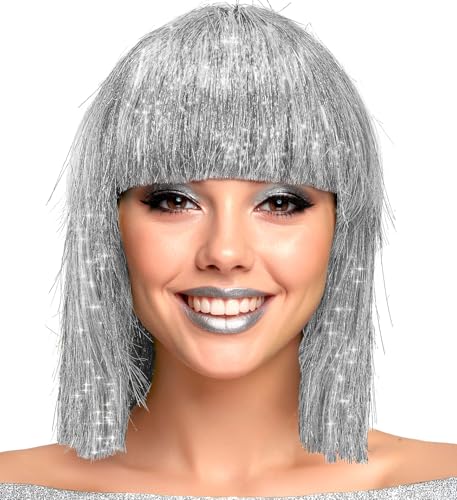 Metallic Damen Perücke Foxy Bob Pagenkopf mit Pony 70er 80er Disco Space-Girl Lametta Science Fiction Weltall Engel, Farbe:Silber von MIMIKRY