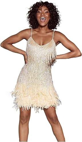 Tina Turner Fransen Kleid Gold mit Federn Disco Outfit 70s Damen-Kostüm 20er Jahre Charleston Minikleid, Größe:L von MIMIKRY