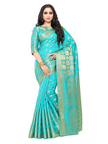 MIMOSA Damen Kunst Seide Saree Kanjivaram Stil Mit Ungenäht Bluse - Türkis Blau, Türkis, Blau, Einheitsgröße MIMOSA Damen Kunst Seide Saree Kanjivaram Stil Mit Ungenäht Bluse - Türkis Blau, Türkis, Blau, Einheitsgröße von MIMOSA