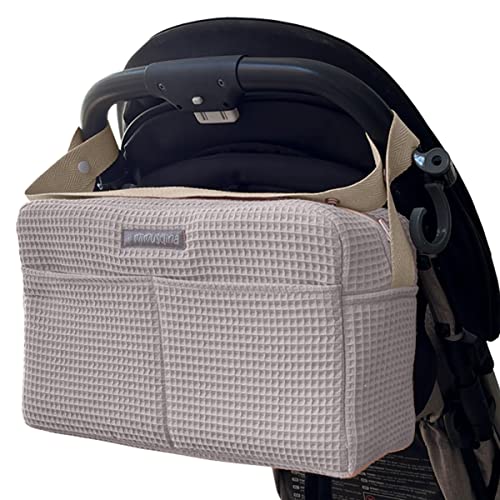 MIMUSELINA Kinderwagen Organizer mit großem Fassungsvermögen Kinderwagentasche mit + 7 Fächern - Wickeltasche Kinderwagen Verstellbar am Lenker des Kinderwagen (Waffle Grau) von MIMUSELINA