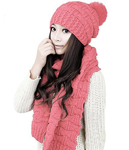Minakolife Damen Winter Gestrickt Schal und Hut Set Verdicken Schädel Caps (rosa) von Minakolife