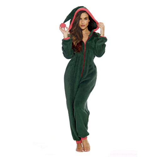 Damen Onesie Jumpsuit Weihnachten Jumpsuits Ganzkörperanzug Einteiler One Piece Schlafanzug Overall Damen Jumpsuit Kuschelig und warme Fleece Pyjamas (Grün, XXL) von MINASAN