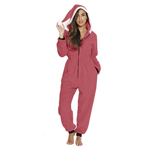 Damen Onesie Jumpsuit Weihnachten Jumpsuits Ganzkörperanzug Einteiler One Piece Schlafanzug Overall Damen Jumpsuit Kuschelig und warme Fleece Pyjamas (Rosa, XL) von MINASAN