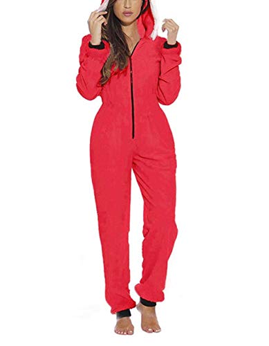 Damen Onesie Jumpsuit Weihnachten Jumpsuits Ganzkörperanzug Einteiler One Piece Schlafanzug Overall Damen Jumpsuit Kuschelig und warme Fleece Pyjamas (rot, 2XL) von MINASAN