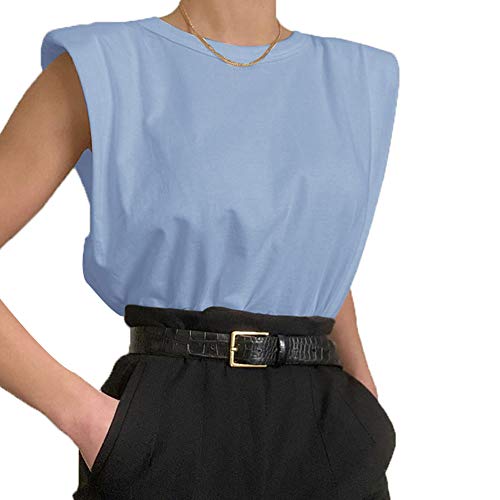 Damen Sommer ärmellose Trägershirt Schulterpolster Hemd Weste Feste verlieren Bluse Rundhalsausschnitt Cami Schulterpolster T-Shirts (Blau, S) von MINASAN
