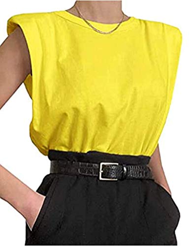 Damen Sommer ärmellose Trägershirt Schulterpolster Hemd Weste Feste verlieren Bluse Rundhalsausschnitt Cami Schulterpolster T-Shirts (Gelb, S) von MINASAN