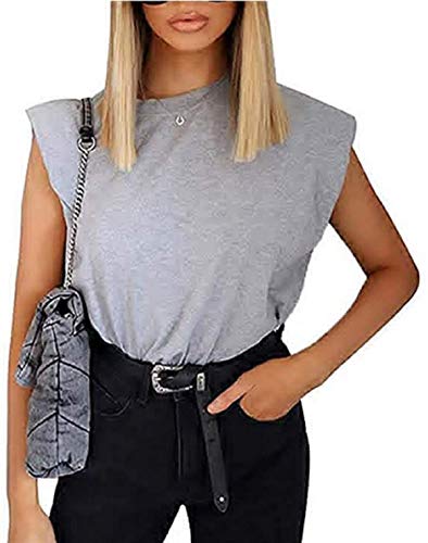 Damen Sommer ärmellose Trägershirt Schulterpolster Hemd Weste Feste verlieren Bluse Rundhalsausschnitt Cami Schulterpolster T-Shirts (Grau, L) von MINASAN