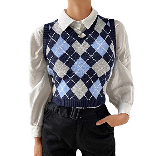 Damen Weste Frauen V-Ausschnitt Ärmellose Pullover Herbst Gestrickt Strickpullover Ärmellos Preppy Style Argyle Karo Weste (Dunkelblau, L) von MINASAN