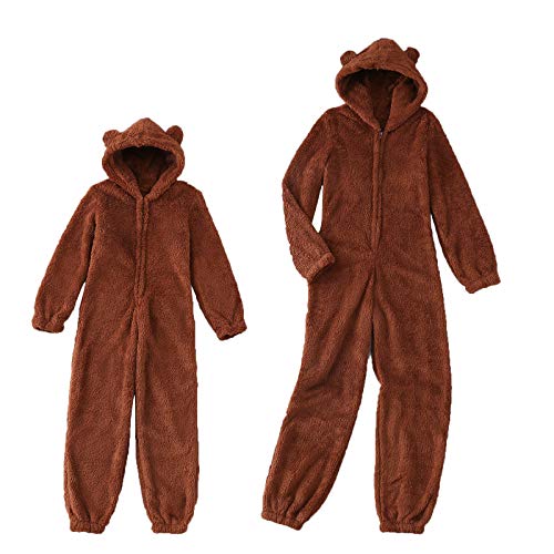 Einteiliger Overall Damen Kinder, Fleece Onesie Ganzkörper Kostüm, Schlafanzug Overall Teenager Damen, Fleece Bek Kinder Kinder Jungen und Mädchen Damen (Braun, M) von MINASAN