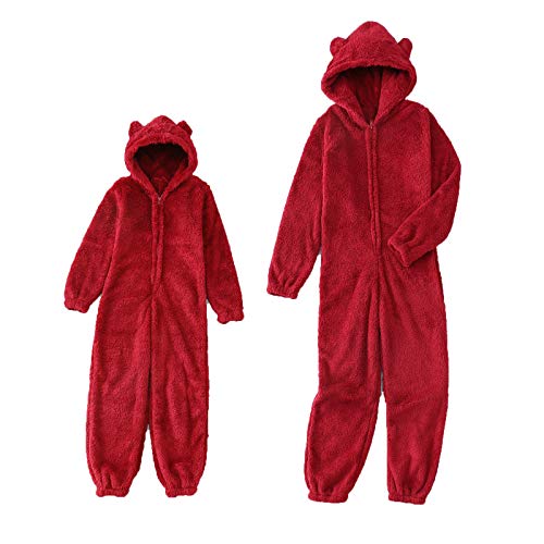 Einteiliger Overall Damen Kinder, Fleece Onesie Ganzkörper Kostüm, Schlafanzug Overall Teenager Damen, Fleece Bek Kinder Kinder Jungen und Mädchen Damen (Weinrot, S) von MINASAN