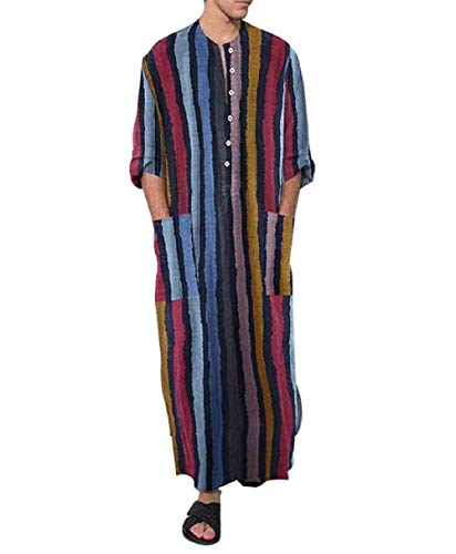 Herren Ethnische Roben Lange Ärmel Einfarbig Kaftan Lösen Fit Beiläufiges Tunic Große Größen Lange Shirt mit Taschen Sommer Baumwolle Leinen Robes (Streifen, 3XL) von MINASAN