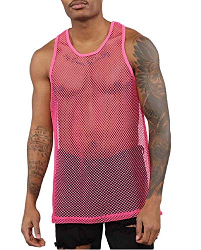 Herren Muskel Transparent Shirts ärmellos Netz Unterhemd T-Shirt Mit Engen Muskel Fit Unterhemd XL Blk Netz (Rosa, M) von MINASAN