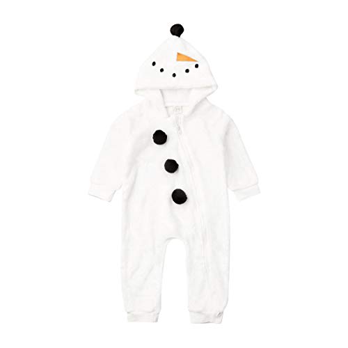 MINASAN Baby Junge Mädchen Weihnachten Strampler Samt Kapuzenpulli Schneemann Jumpsuit Kleinkind Pyjama Weihnachtskleidung (Weiß, 0-6 Monate) von MINASAN