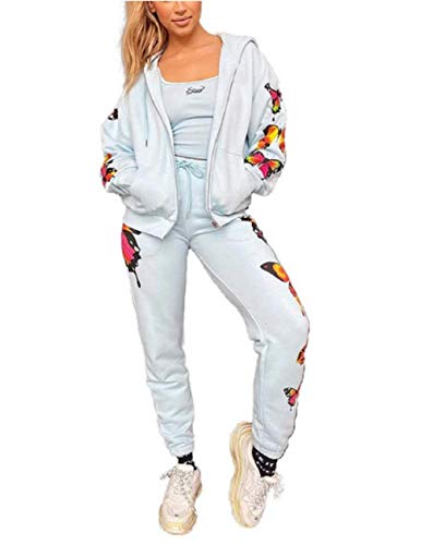 MINASAN Damen Fashion Jogger Outfit Reißverschluss Kapuze Schmetterling Sweatshirt und Kordelzug Sweatpants Sport Sets Trainingsanzug Gr. 36, blau von MINASAN