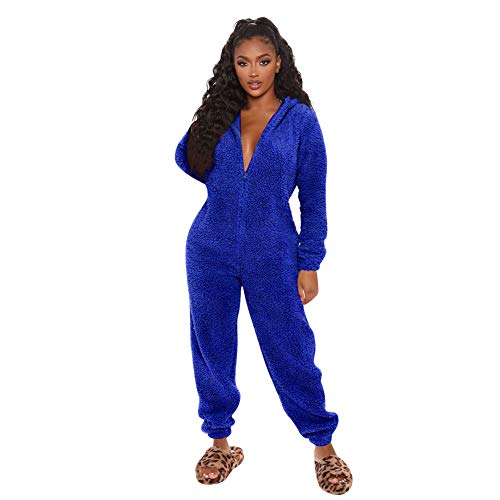 MINASAN Damen Jumpsuit Fleece Einteiler Overall Anzug Flauschig Jumpsuit flauschig und kuschelig weich warm Einteiler Ganzkörperanzug Overall warm (Blau2, 2XL) von MINASAN