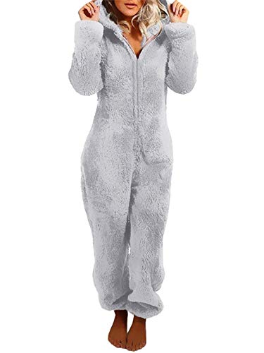 MINASAN Damen Jumpsuit Fleece Einteiler Overall Anzug Flauschig Jumpsuit flauschig und kuschelig weich warm Einteiler Ganzkörperanzug Overall warm (Grau, XL) von MINASAN