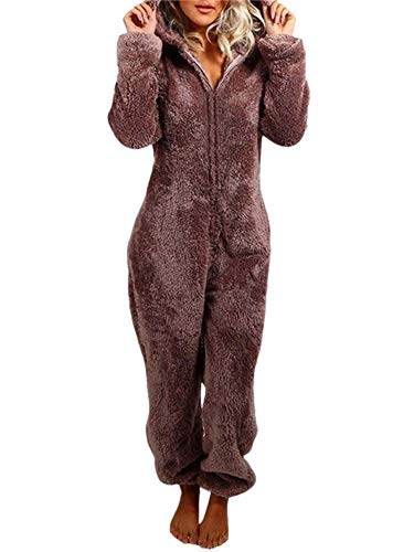 MINASAN Damen Jumpsuit Fleece Einteiler Overall Anzug Flauschig Jumpsuit flauschig und kuschelig weich warm Einteiler Ganzkörperanzug Overall warm (Kaffee, L) von MINASAN