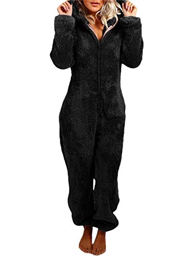 MINASAN Damen Jumpsuit Fleece Einteiler Overall Anzug Flauschig Jumpsuit flauschig und kuschelig weich warm Einteiler Ganzkörperanzug Overall warm (Schwarz, 4XL) von MINASAN