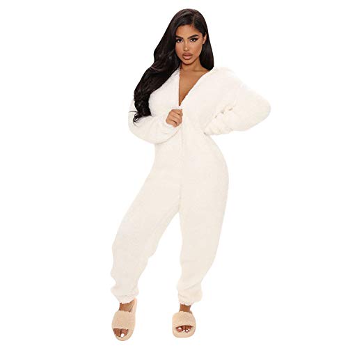 MINASAN Damen Jumpsuit Fleece Einteiler Overall Anzug Flauschig Jumpsuit flauschig und kuschelig weich warm Einteiler Ganzkörperanzug Overall warm (Weiß2, S) von MINASAN