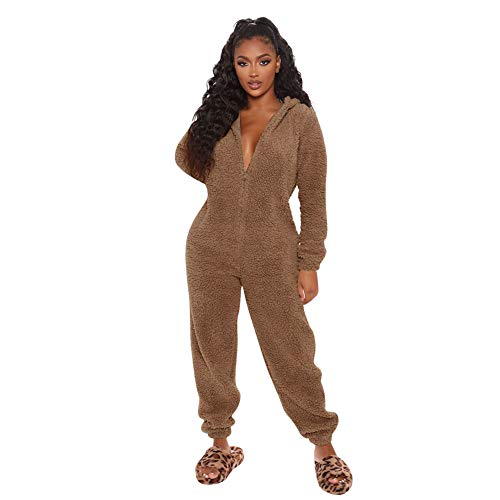 MINASAN Damen Jumpsuit Fleece Einteiler Overall Anzug Flauschig Jumpsuit flauschig und kuschelig weich warm Einteiler Ganzkörperanzug Overall warm (braun2, S) von MINASAN