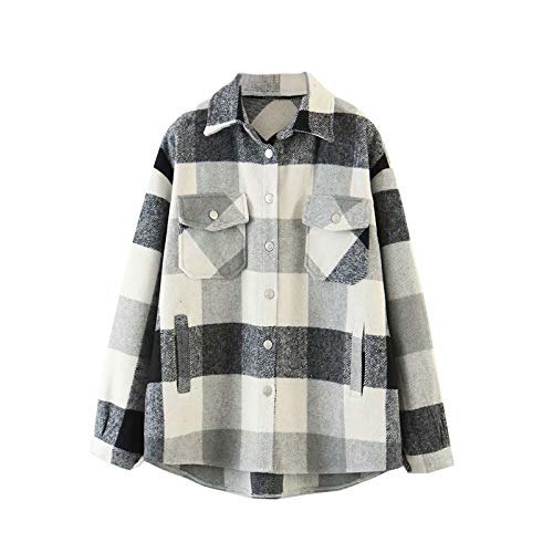 MINASAN Damen Kariertes Taschen Knöpfen Langarm Oversize Bluse Mantel Hemdjacke Holzfällerjacke Mode Boyfreind Jeansjacke (Grau, M) von MINASAN