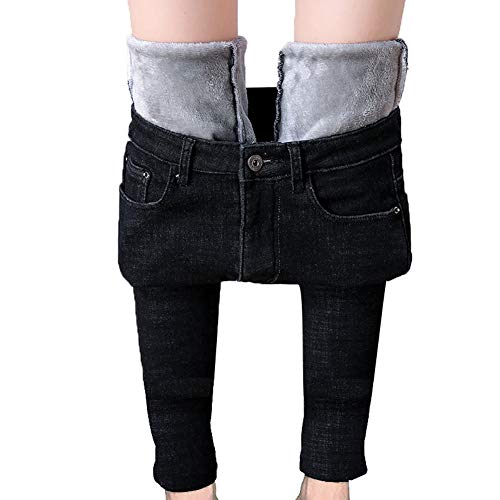 MINASAN Damen Thermohose mit Innenfleece Winterhose Heiß Warm Gefütterte Jeans Straight Hose mit Weitem Gummizug Band Jeans Leggings Fleece Treggings Damen Große Größen (Schwarz, M) von MINASAN