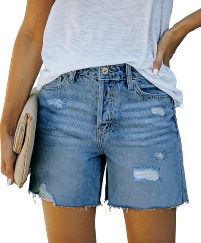 MINGALONDON Damen Denim Shorts Mid Waist Ripped Distressed, 6-blau, X-Groß von MINGALONDON