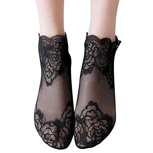 Damen-Spitzensocken niedliche transparente Mesh-Socken Frauen Solide Rosenmuster Spitze Mesh Socken Hohle Rüschen rutschfeste Socken Zehensocken von MINGCHE