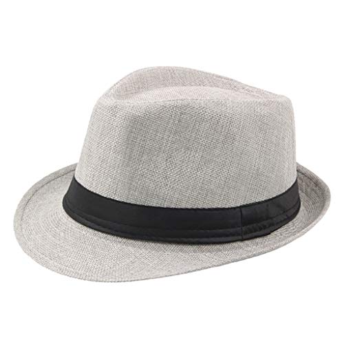 MINGCHE Klassischer Jazz-Hut für Herren Fedoras mit kurzer Krempe, atmungsaktive Leinenhüte mit Gürtel, Floppy Curly Straw Cap von MINGCHE